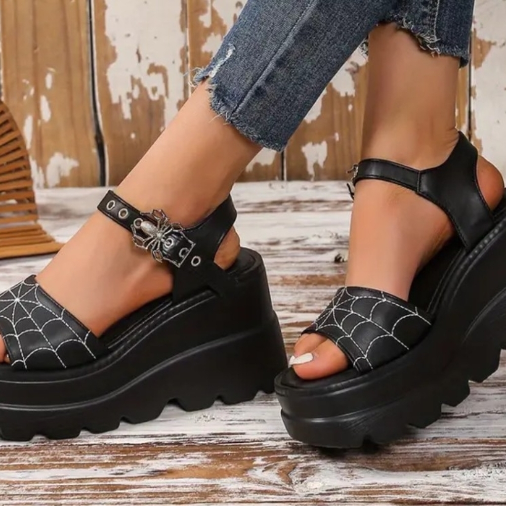 Gothic Black Platform Sandals with Web Detail - Picture 2 of 3